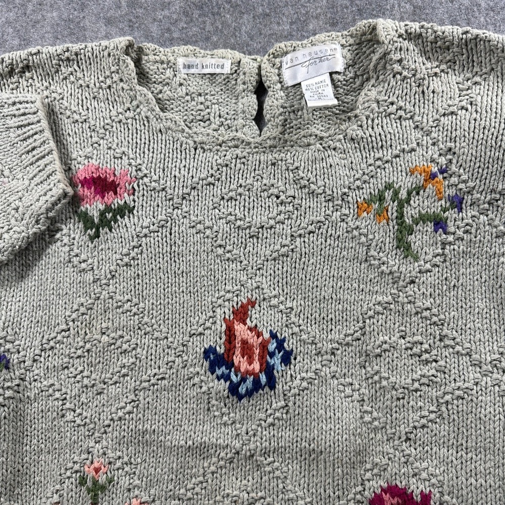 Vtg 90s Grandmacore Sweater Women S Sage Green Hand Knitted Floral Van Heusen